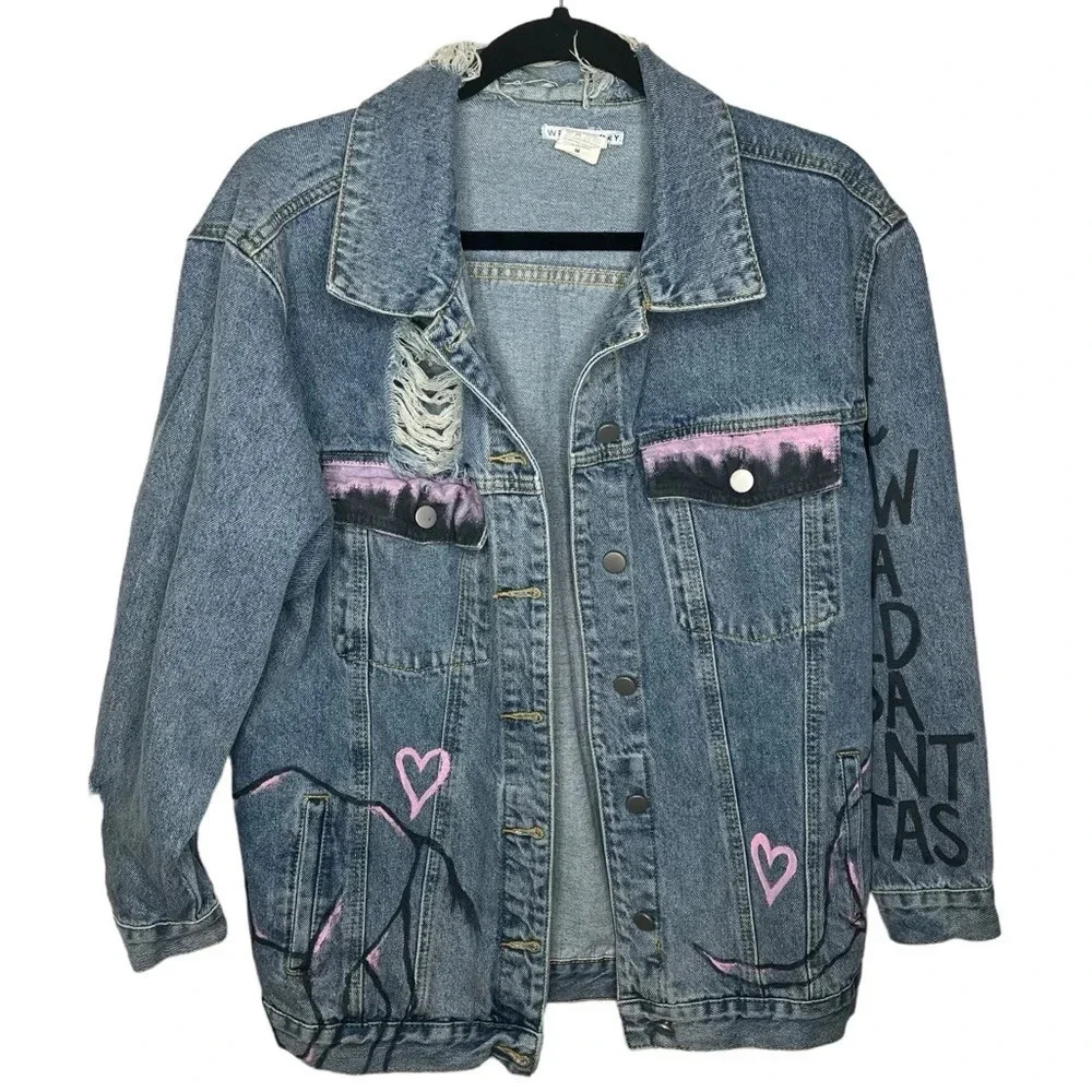 Wren+Glory hand painted Australia theme koala denim jean jacket medium blue‎ M